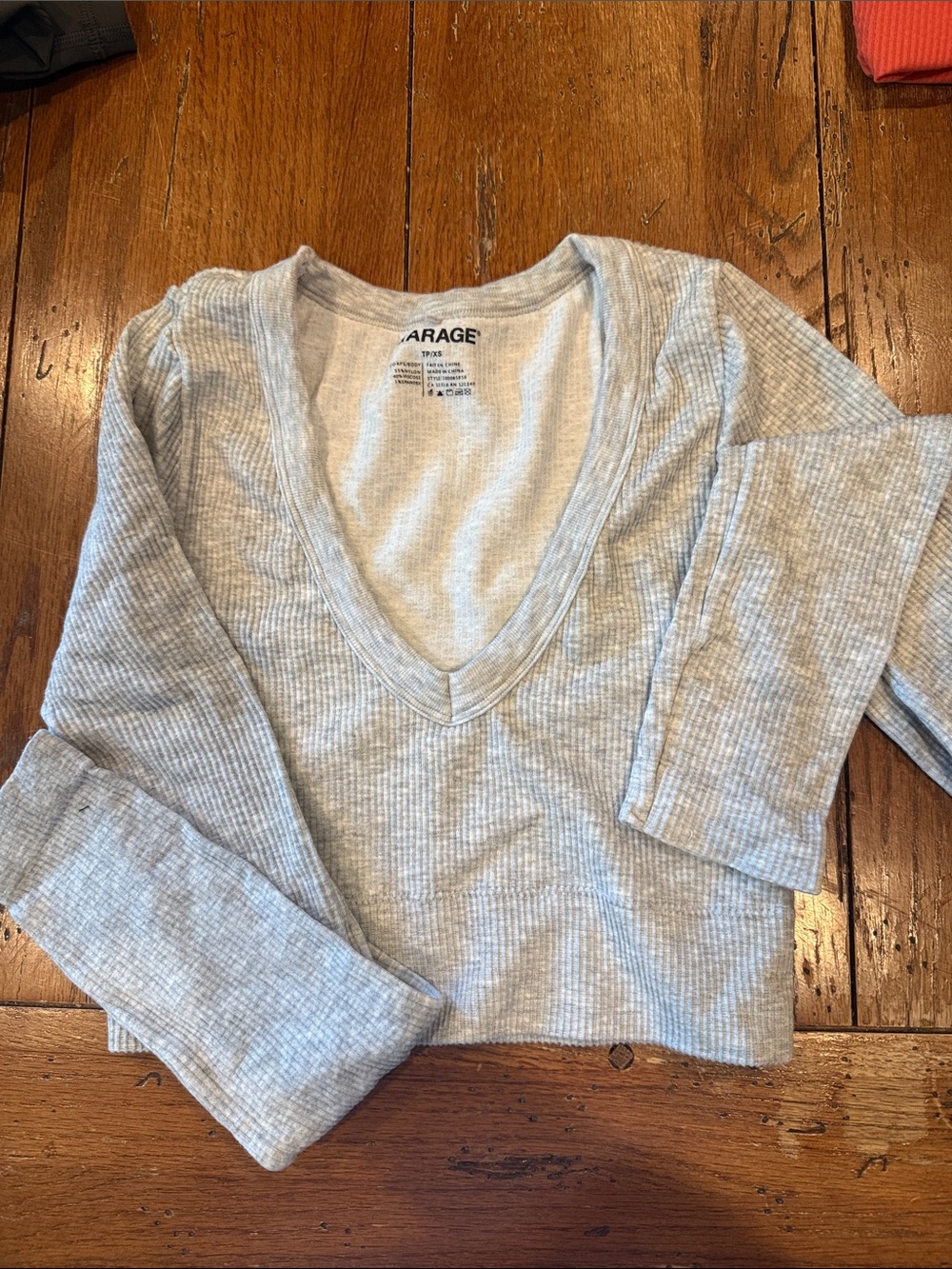 Garage Light Gray Ribbed V-Neck Top